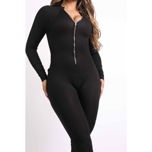 Women's Ribbed Bodycon Jumpsuit Long Sleeves Zipper Front Sexy Outfit XS - 3X - Picture 10 of 16